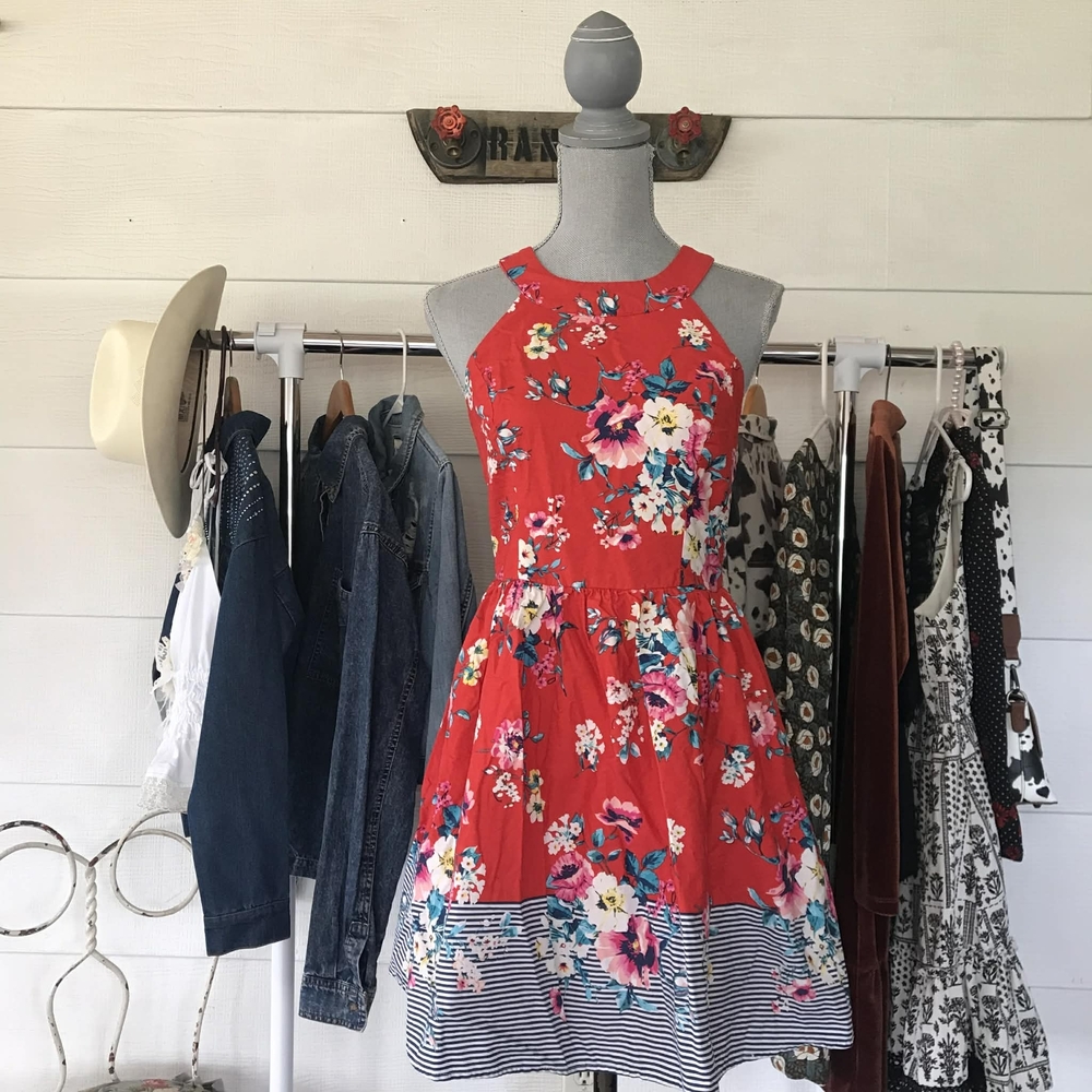 AUW Floral Striped Midi Dress Womens Size Small